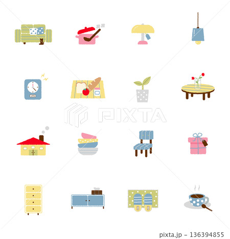 インテリア関連の手書き風のベクターアイコンセット 136394855