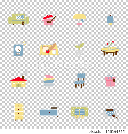 インテリア関連の手書き風のベクターアイコンセット 136394855