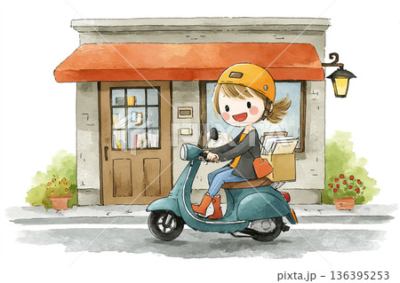 スクーターで配達に向かう女性｜街の小さなお店と日常のイラスト 136395253