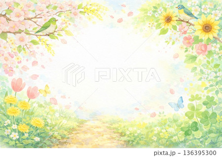 フレーム素材　春・初夏イメージ　花　水彩画　　 136395300