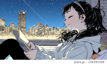 資料（本）を読みながら、うとうと眠ってしまう若い女性