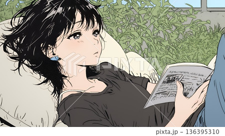 資料（本）を読みながら、うとうと眠ってしまう若い女性