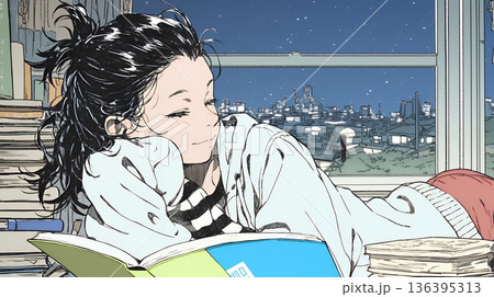 資料（本）を読みながら、うとうと眠ってしまう若い女性