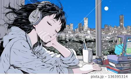 資料（本）を読みながら、うとうと眠ってしまう若い女性