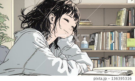 資料（本）を読みながら、うとうと眠ってしまう若い女性