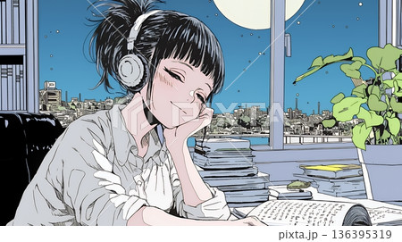 資料（本）を読みながら、うとうと眠ってしまう若い女性