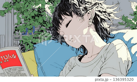 資料（本）を読みながら、うとうと眠ってしまう若い女性