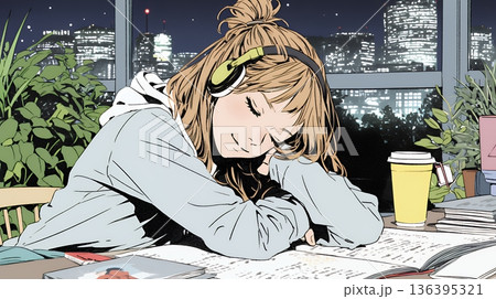 資料（本）を読みながら、うとうと眠ってしまう若い女性