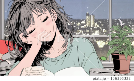 資料（本）を読みながら、うとうと眠ってしまう若い女性