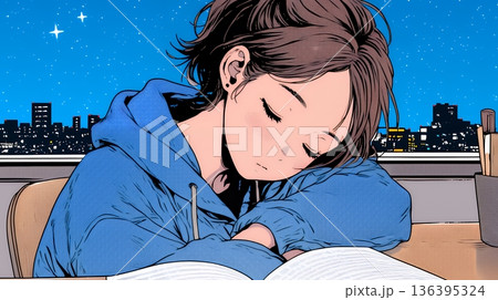 資料（本）を読みながら、うとうと眠ってしまう若い女性