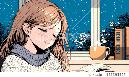 資料（本）を読みながら、うとうと眠ってしまう若い女性 136395325