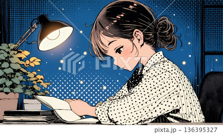 資料（本）を読みながら、うとうと眠ってしまう若い女性