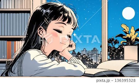 資料（本）を読みながら、うとうと眠ってしまう若い女性 136395328