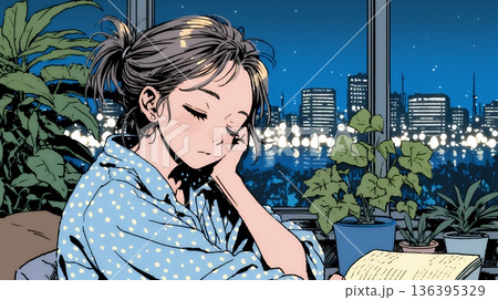 資料（本）を読みながら、うとうと眠ってしまう若い女性