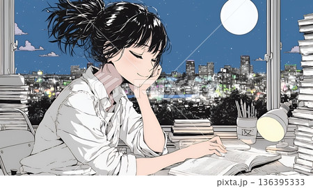 資料（本）を読みながら、うとうと眠ってしまう若い女性 136395333