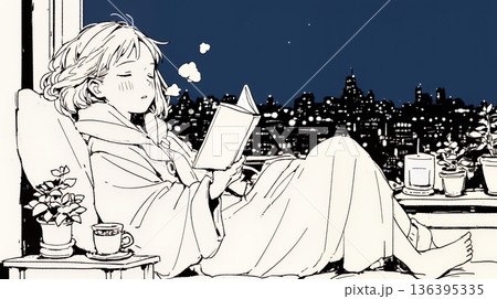 資料（本）を読みながら、うとうと眠ってしまう若い女性（シンプルな色使い）