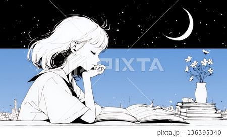 資料（本）を読みながら、うとうと眠ってしまう若い女性（シンプルな色使い）