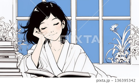 資料（本）を読みながら、うとうと眠ってしまう若い女性（シンプルな色使い）