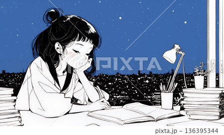 資料（本）を読みながら、うとうと眠ってしまう若い女性（シンプルな色使い）