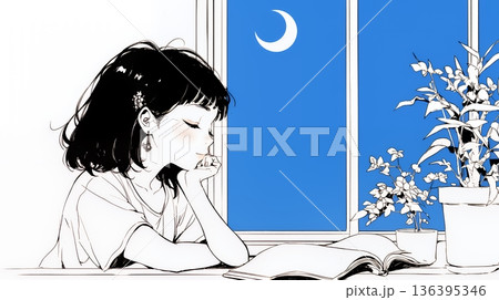 資料（本）を読みながら、うとうと眠ってしまう若い女性（シンプルな色使い）