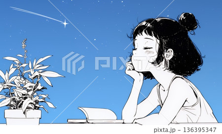 資料（本）を読みながら、うとうと眠ってしまう若い女性（シンプルな色使い）