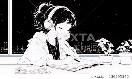 資料（本）を読みながら、うとうと眠ってしまう若い女性（シンプルな色使い）