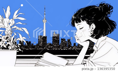 資料（本）を読みながら、うとうと眠ってしまう若い女性（シンプルな色使い）