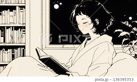 資料（本）を読みながら、うとうと眠ってしまう若い女性（シンプルな色使い）