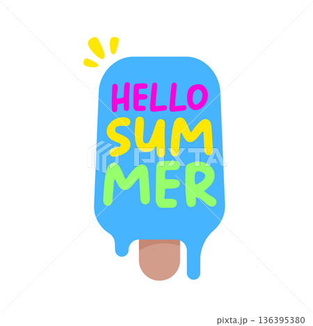 Hello summer blue groovy aesthetic sticker with melting ice cream isolated on white background. Hello summer motto sticker, tag, kids label, banner, poster, label png with quote. 136395380
