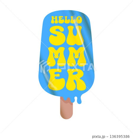 Hello summer blue groovy aesthetic sticker with melting ice cream isolated on white background. Hello summer motto sticker, tag, kids label, banner, poster, label png with quote. 136395386