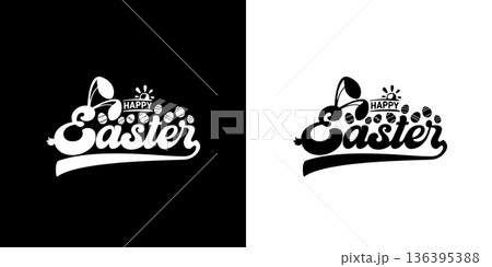 Happy Easter black and white logo hand lettering typography with bunny ears and eggs, festive holiday calligraphy isolated on white background. Easter typography set with rabbit ears Happy Easter black and white logo hand lettering typography with bunny ears and eggs, festive holiday calligraphy isolated on white background. Easter typography set with rabbit ears 136395388