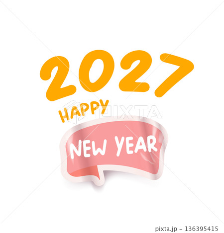 2027 happy New year retro groovy aesthetic sticker design isolated on white background. Vintage 2027 New year day motto sticker, tag, retro label, banner, ribbon, label png with quote. New year text 136395415