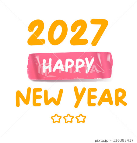 2027 happy New year retro groovy aesthetic sticker design isolated on white background. Vintage 2027 New year day motto sticker, tag, retro label, banner, ribbon, label png with quote. New year text 136395417