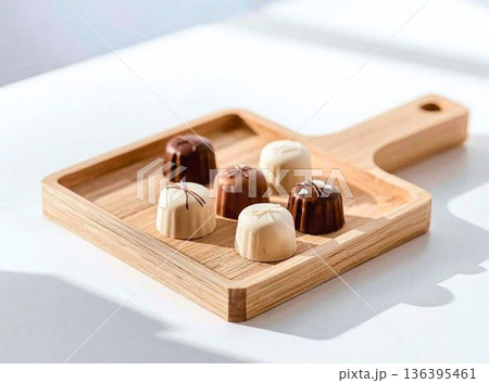 日の当たるテーブル　木のトレイに並べられたチョコレート 136395461
