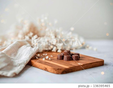 木のトレイに並べられたチョコレートとドライフラワー 木のトレイに並べられたチョコレートとドライフラワー 136395465