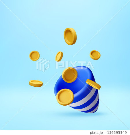 3D Gold coins falling from striped party popper 3D Gold coins falling from striped party popper 136395549