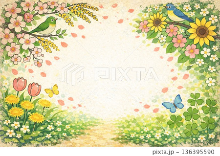 フレーム素材　春・初夏イメージ　花　木版画風　 136395590