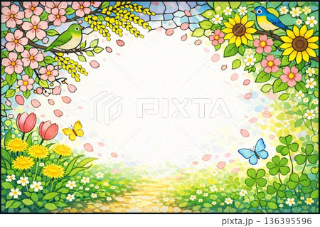 フレーム素材　春・初夏イメージ　花　ステンドグラス調　　 136395596