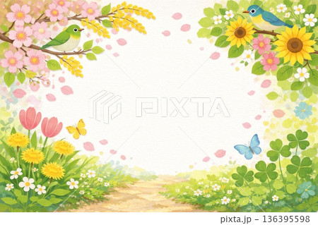 フレーム素材　春・初夏イメージ　花　貼り絵風　　 136395598