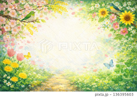 フレーム素材　春・初夏イメージ　花　油彩画　　 136395603