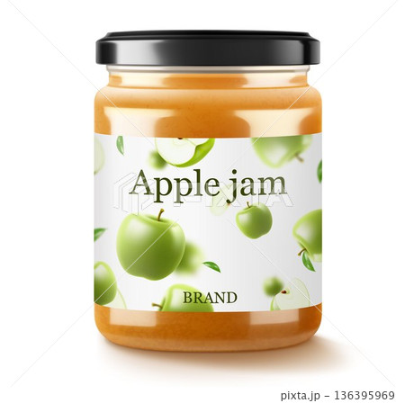 Jar with apple jam isolated on white background. Homemade apple jam in a glass jar. Realistic 3d vector illustration. Mockup for your brand. 136395969