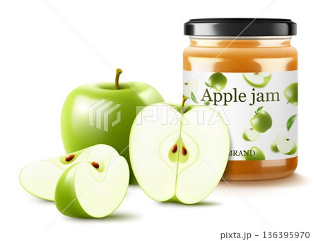 Jar with apple jam isolated on white background. Homemade apple jam in a glass jar. Realistic 3d vector illustration. Mockup for your brand. Jar with apple jam isolated on white background. Homemade apple jam in a glass jar. Realistic 3d vector illustration. Mockup for your brand. 136395970