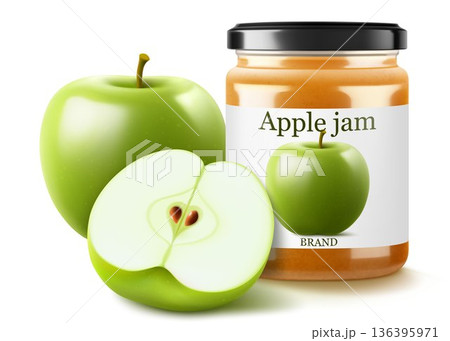 Jar with apple jam isolated on white background. Homemade apple jam in a glass jar. Realistic 3d vector illustration. Mockup for your brand. 136395971