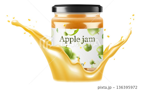 Jar with apple jam in a splash of apple juice. isolated on white background. Homemade apple jam or compote in a glass jar. Realistic 3d vector illustration. Mockup for your brand. Jar with apple jam in a splash of apple juice. isolated on white background. Homemade apple jam or compote in a glass jar. Realistic 3d vector illustration. Mockup for your brand. 136395972