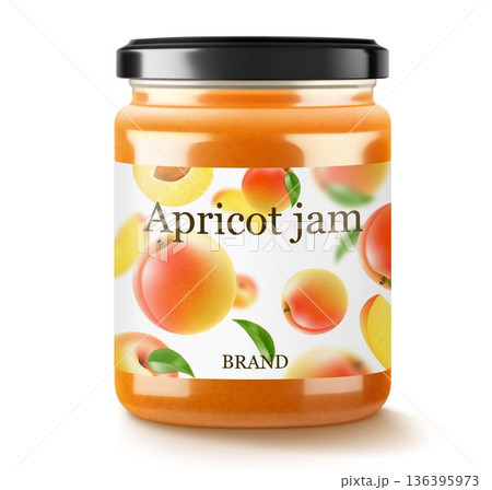 Jar with Apricot or peach jam isolated on white background. Canned apricot in a glass jar with lid and paper label, Realistic 3d vector illustration. Mockup , preserve in packaging. 136395973
