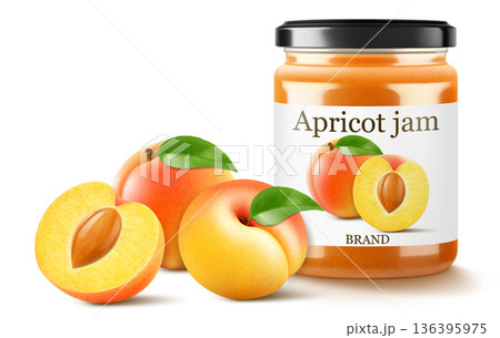 Jar with Apricot or peach jam isolated on white background. Canned apricot in a glass jar with lid and paper label, Realistic 3d vector illustration. Mockup , preserve in packaging. Jar with Apricot or peach jam isolated on white background. Canned apricot in a glass jar with lid and paper label, Realistic 3d vector illustration. Mockup , preserve in packaging. 136395975