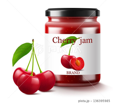 Cherry jam in glass jar and fresh berry isolated on white background. Realistic 3d vector Illustration. Glass Jar with Preserved Cherry Compote or Jam, confiture or marmalade . 136395985