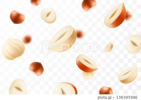 Flying hazelnut, isolated on transparent background, selective focus. Flying hazelnut with blurry effect. Can be used for advertising, packaging, banner, poster. Realistic 3d vector illustration 136395986
