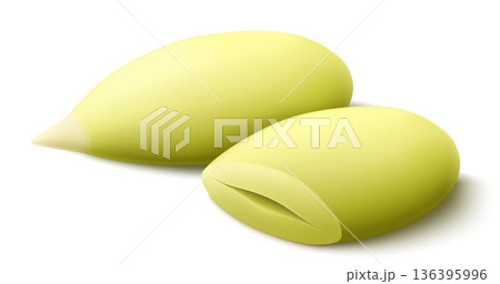 Whole and half peeled pumpkin seeds isolated on white background. Pumpkin seed in open shell, whole husk. Realistic 3d vector, close-up. Used for advertising, packaging, collage, web design food 136395996