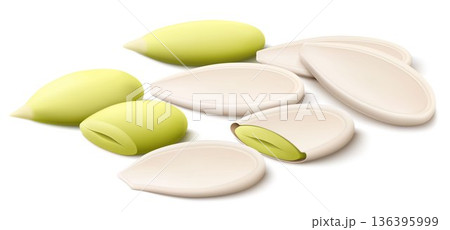 Whole and half pumpkin seeds isolated on white background. Pumpkin seed in open shell, whole husk. Realistic 3d vector, close-up. Used for advertising, packaging, collage, web design food Whole and half pumpkin seeds isolated on white background. Pumpkin seed in open shell, whole husk. Realistic 3d vector, close-up. Used for advertising, packaging, collage, web design food 136395999